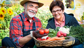 Couple with a basket of vegetables