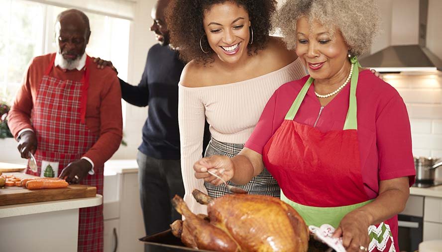 Family cooking turkey